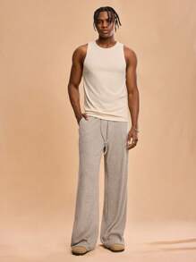 Forever 21 Men Solid Color Tie Waist Pockets Wide Leg Loose Casual Versatile Pants, Fall - Khaki - View 2