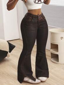 SHEIN ICON Women Pocketed Flared Casual Jeans - Brown - View 4