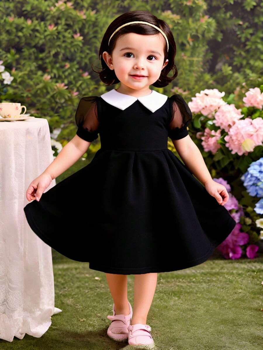 Gaun Bayi Perempuan Warna Blok dengan Kerah Peter Pan dan Lengan Pendek Berbentuk Kembang, Gaun Filipiniana Terno yang Lucu - Hitam - View 1