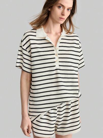 Ontre 2026 Spring/Summer New Women's 2-Piece Set, Striped Polo Collar Short Sleeve Top And Shorts, Casual Knit Shorts And Top Summer Set, Elegant Ladies Vacation Set, Ladies Sports Set, Casual Ladies Set, Retro Vacation Style, Fashion Versatile Women's 2-Piece Set