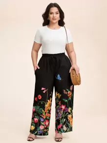 SHEIN LUNE 大码休闲花卉印花阔腿裤女士夏季大码大码春季婚礼宾客女士休闲日常穿着、通勤优雅度假商务休闲女士