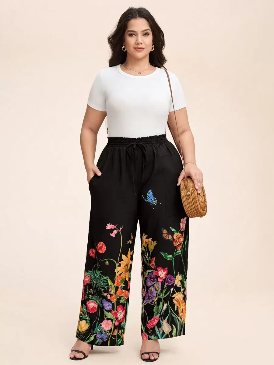 SHEIN LUNE 大码休闲花卉印花阔腿裤女士夏季大码大码春季婚礼宾客女士休闲日常穿着、通勤优雅度假商务休闲女士