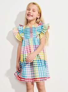 SHEIN Leap Crew Toung Girls Colorful Plaid Print Ruffled Two-Layer Cap Sleeve A-Line Loose Dresses, Casual Holiday Style