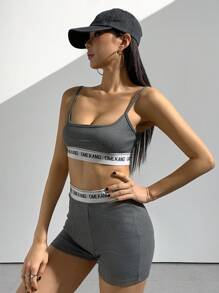 SHEIN Unity 女士休闲日常字母印花针织吊带背心和紧身短裤 2 件套运动服套装 - 灰色 - 查看 8