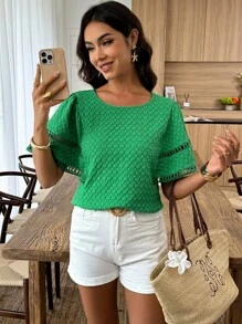 SHEIN LUNE Áo sơ mi nữ trơn màu thường ngày, tối giản và thời trang để mặc hàng ngày - màu xanh lá - Xem 6