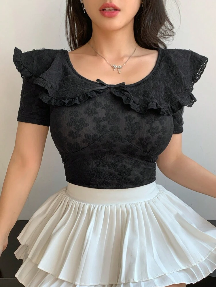 Summer New Arrival Bow Decor Fitted Ladies T-Shirt, Fashionable,Ruffle