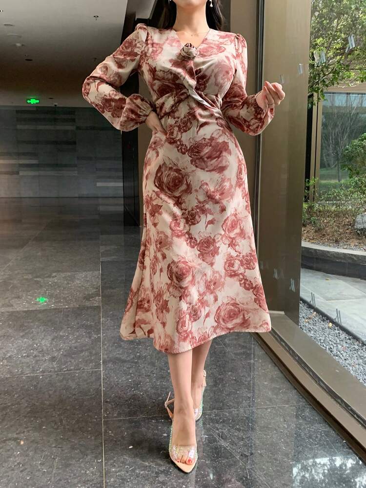 Spring New Arrival Floral Print Rose Cinched Waist Sundress, Goddess Cut Twist Front Long Dress For Women,Fall Dress Long Sleeve Dress Maxi Dress