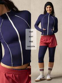 VARSITIE Long Sleeve Workout Top Jacket Women's Front Zip Up Casual Slim Fit - Navy Blue - View 4