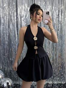 Chiquease 2 件套女士优雅蝴蝶结镂空泡泡袖连衣裙套装