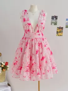 Soleia فستان كاجوال للسيدات ذوات المقاسات الكبيرة مع نقش زهري ونسيج منقوش ولامع، قصة A-line، روماسي مناسب للأعياد والمناسبات الخاصة كيوم الحب - متعدد الألوان - مشاهدة 1