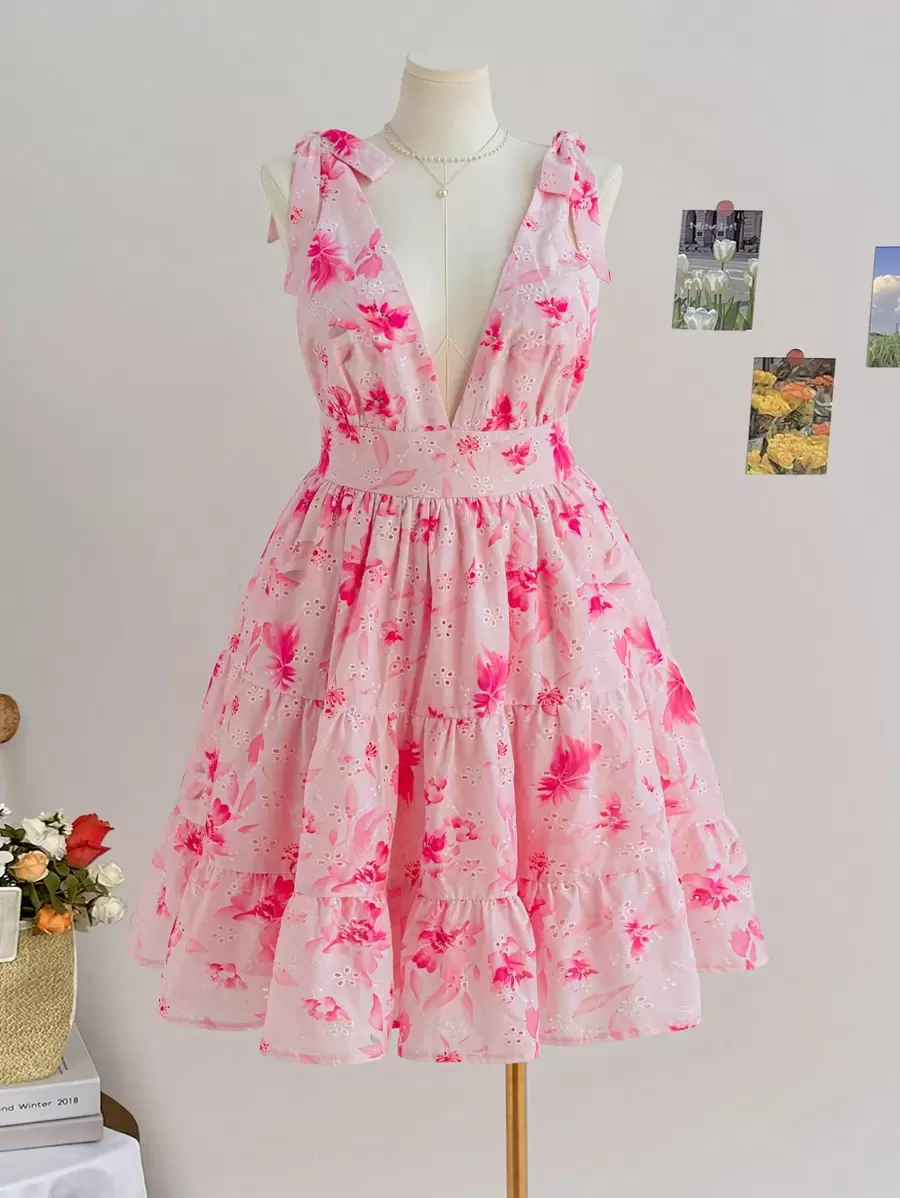 Soleia فستان كاجوال للسيدات ذوات المقاسات الكبيرة مع نقش زهري ونسيج منقوش ولامع، قصة A-line، روماسي مناسب للأعياد والمناسبات الخاصة كيوم الحب - متعدد الألوان - مشاهدة 1