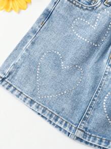 Young Girls Heart Rhinestone Washed Denim Casual A-Line Skirt - Medium Wash - View 4