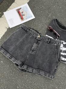 Comfortcana Plus Size Casual Washed Black Acid-Washed Shorts - Black - View 1