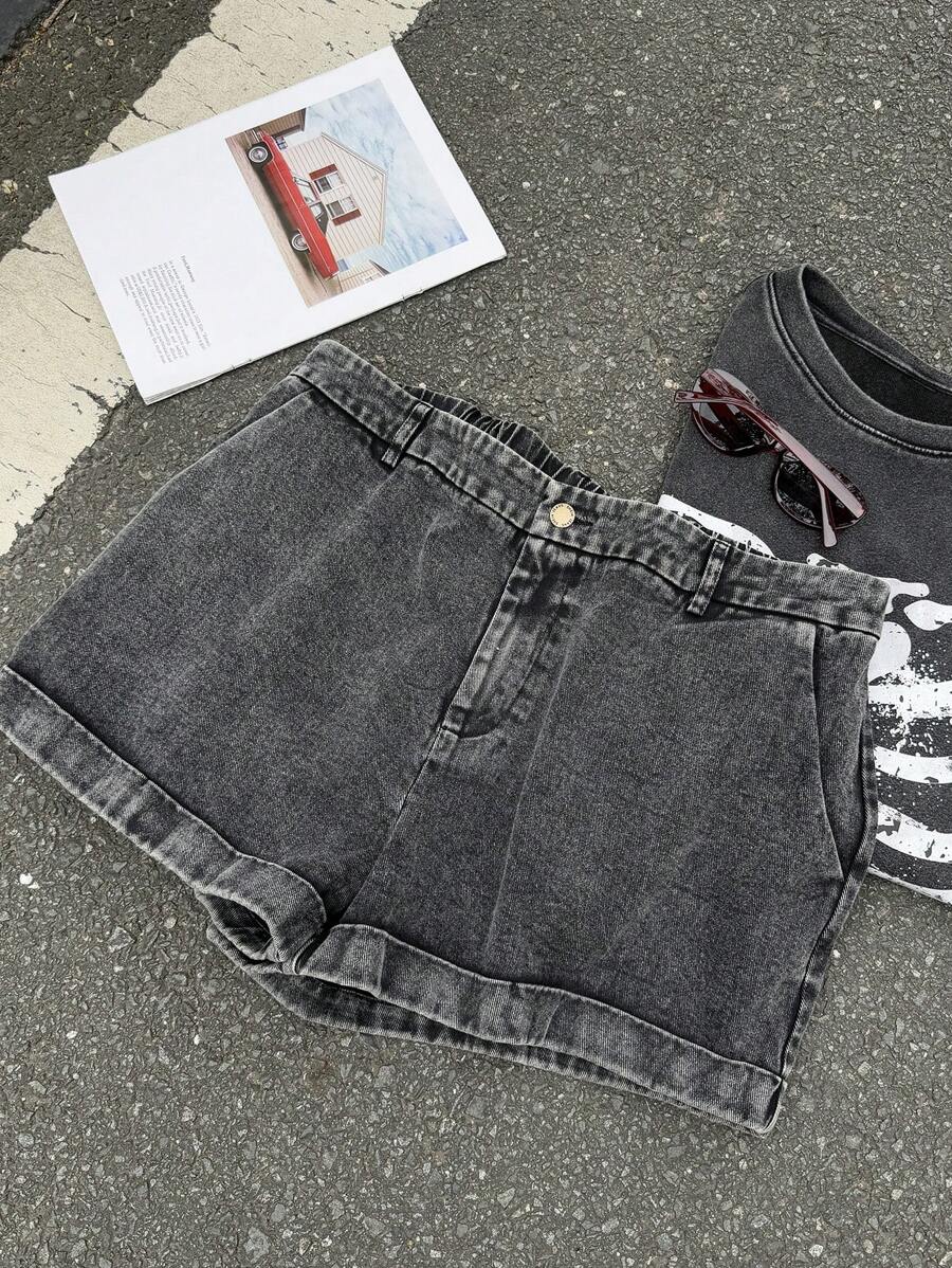 Comfortcana Plus Size Casual Washed Black Acid-Washed Shorts - Black - View 1