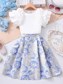 Tween Girls Ruffle Trim Solid Color Top And Glittery Jacquard Skirt 2 Pieces Set, Preteen - Blue - View 8