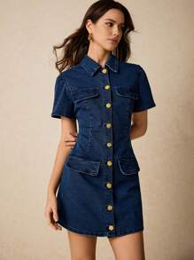 Poéselle 别致的牛仔纽扣迷你连衣裙，带有金色装饰 - 非常适合休闲外出、周末早午餐和轻松的日常风格 - 深色水洗藍 - 查看 3