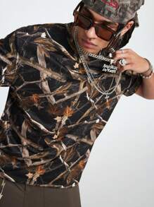 Manfinity VCAY 男士数码印花宽松针织短袖 T 恤 - 棕色 - 查看 1