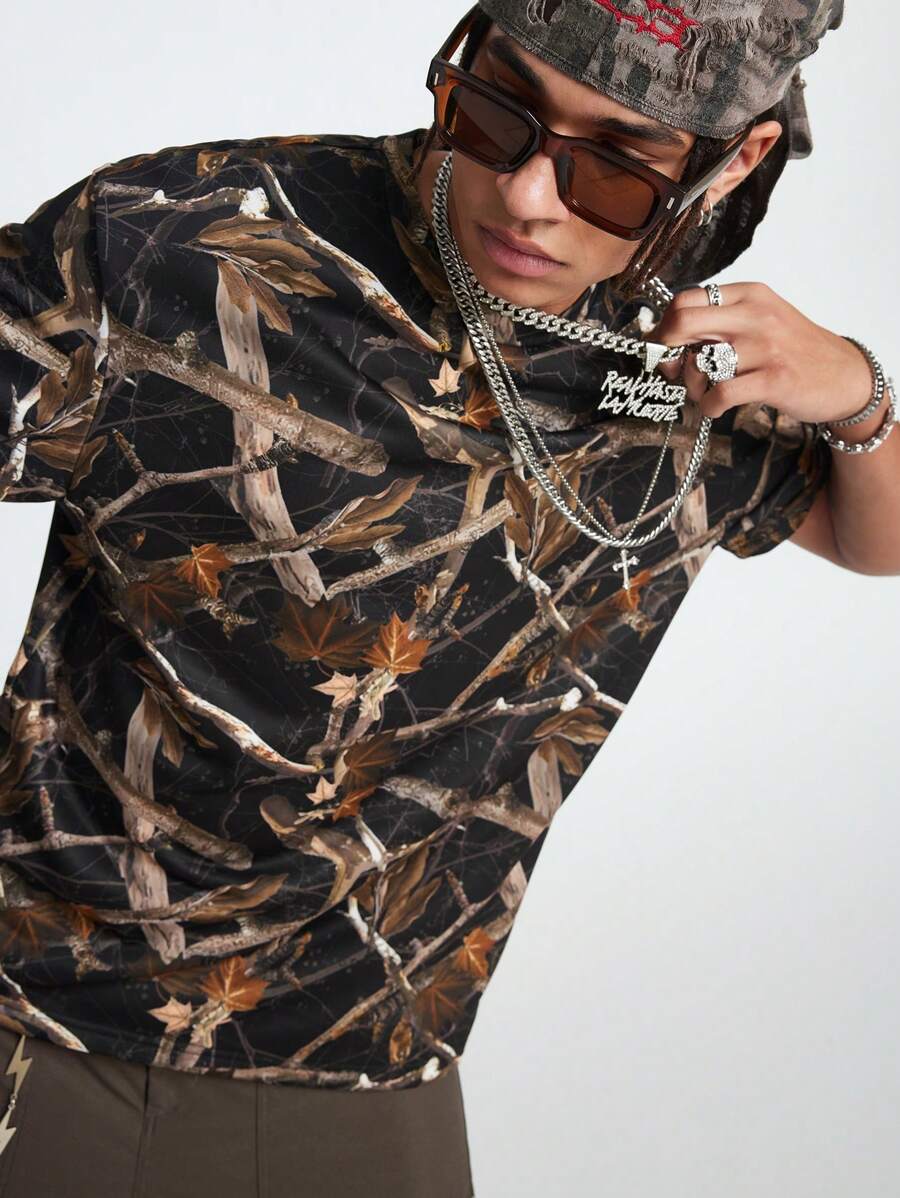 Manfinity VCAY 男士数码印花宽松针织短袖 T 恤 - 棕色 - 查看 1