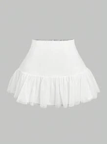 Chiquease Falda acampanada de gasa con borde de encaje, falda mini de estilo elegante para mujer
