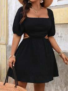SHEIN VCAY Plus Summer Women Beach Square Neck Puff Sleeve Cut Out Waist Dress