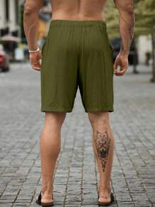 Manfinity RSRT Men's Plus Size Solid Color Drawstring Shorts With Pockets Summer Casual Linen Knee Plain Men Summer Shorts - Army Green - View 2