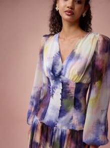 Enchnt 春夏浪漫女士 V 领灯笼袖印花优雅连衣裙，甜美优雅，适合情人节、节日、甜蜜约会之夜、日常、度假和花园派对 - 杏色 - 查看 3