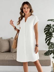 EMERY ROSE Women's Solid V-Neck Short Sleeve Casual Mid-Length Dress - White - View 4