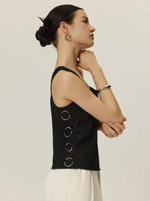 Poéselle 女士金属环扣自下而上亚麻背心休闲度假款女士纯色前扣无袖上衣黑色夏季女士上衣波西米亚风沙滩女士背心露脐上衣 - 黑色 - 查看 7