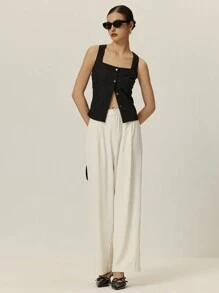 Poéselle 女士金属环扣自下而上亚麻背心休闲度假款女士纯色前扣无袖上衣黑色夏季女士上衣波西米亚风沙滩女士背心露脐上衣 - 黑色 - 查看 6