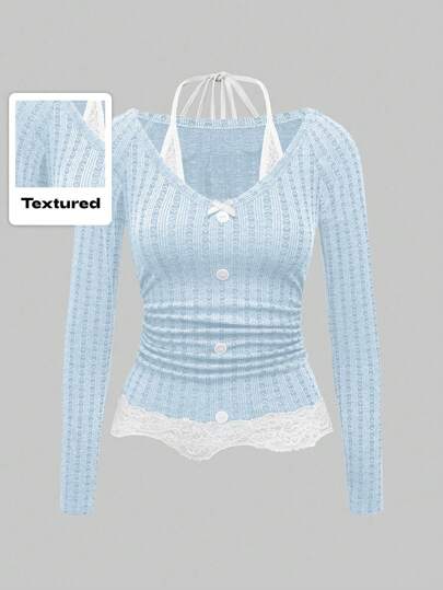 Kawaii تصميم كيوت بلون رمادي غامق عميق مع تفاصيل نسيج مموج وتطعيمات دانتيل خفيفة، تصميم ضيق للسيدات بياقة مغلقه