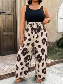 SHEIN LUNE Plus Size Women Square Neck Sleeveless Tie Waist Leopard Print Wide Leg Jumpsuit Spring Outfits For Women Summer Outfits For Women Summer Clothes Easter Outfit Women Western Wear Women - Multicolor - View 3