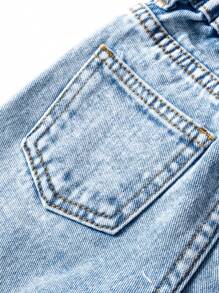 SHEIN Baby Girl Fashion Casual Slant Placket Frayed Hem Design Washed Denim Straight-Leg Pants - Light Wash - View 6