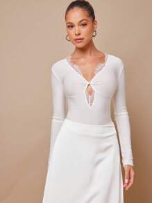 L'Amorae Women's Lace Heart Cutout White Bodysuit, Minimalist Elegant Casual Everyday Wear - White - View 1