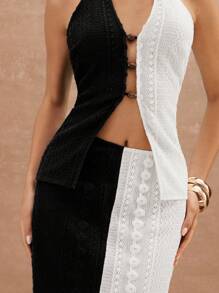 L'Amorae Falda midi de verano de ganchillo de color contrastante, atuendos de vacaciones en la playa, atuendos de verano para mujeres - Blanco y Negro - Ver 5