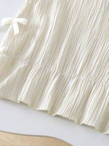 SHEIN Playful Pals Baby Girl Infant Toddler 0-3 Years Old Spring/Summer Casual Everyday Outing Textured Knit Wave Striped Beige/Almond Sleeveless Top With Side Bow