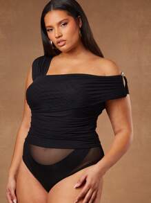 Hauture Plus Size Black Mesh Ruched Bodysuit,Classy Asymmetric Neckline Side Ring Top,Autumn Night Out Club Women Outfit For Date Night,Concerts,Parties - Black - View 1