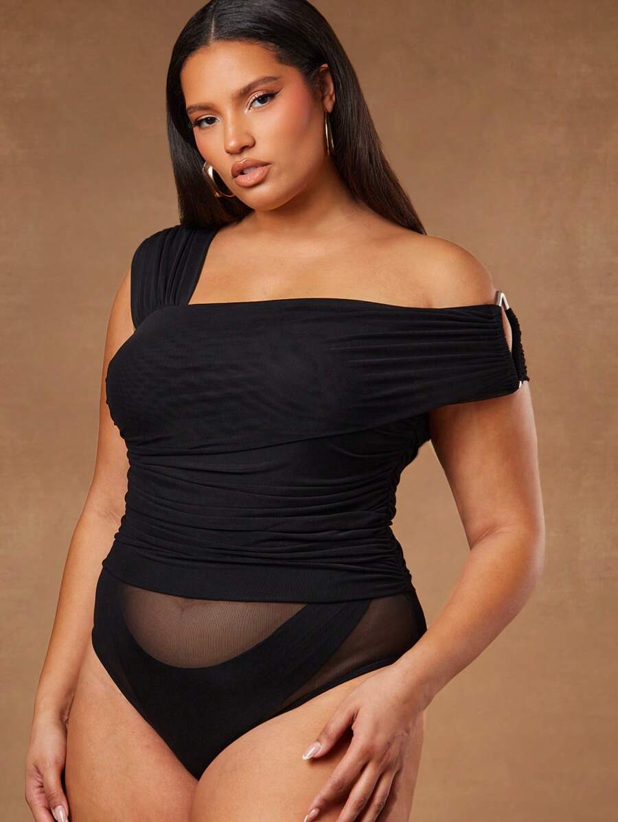 Hauture Plus Size Black Mesh Ruched Bodysuit,Classy Asymmetric Neckline Side Ring Top,Autumn Night Out Club Women Outfit For Date Night,Concerts,Parties - Black - View 1