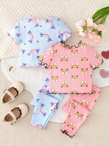 Baby Girls 4 Pieces Set Cute Koala, Fox, Rainbow Print Ruffled Collar Short Sleeve Top And Pants Casual Comfortable Pajamas