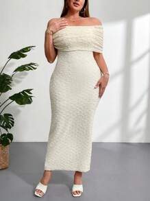 Firerie Vestido largo elegante y romántico para mujer talla grande con diseño de hombros descubiertos, tela elástica y texturizada, volante en el bajo, adecuado para primavera/verano - Albaricoque - Ver 2