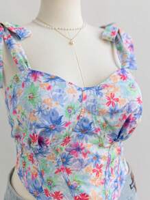Soleia Plus Size Asymmetrical Floral Print Spaghetti Strap Camisole Top, Vintage Painting Style, Romantic & Casual For Vacation - Green - View 6