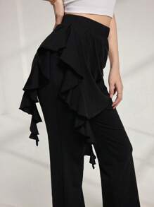 Modelyn Women's Solid Color Ruffle Trim Palazzo Pants - Black - View 1
