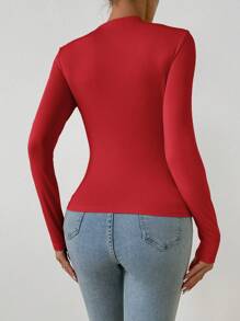 SHEIN Privé 女士优雅 3D 花卉图案黑色长袖修身 T 恤，适合通勤和度假 - 紅色 - 查看 2