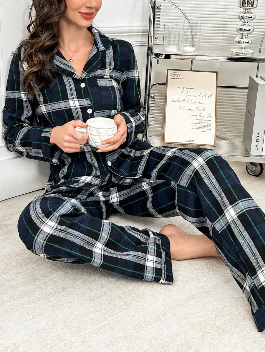 女士休闲格子图案睡衣套装 - 彩色 - 查看 1