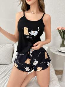 Cute Cat Print Ruffled Strap Shorts Pajama Set - Multicolor - View 4