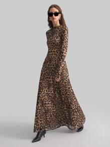 Ontre 2026SS New Elegant Leopard Print Digital Printed Long Sleeve Dress, Fitted Waist A-Line Silhouette, Suitable For Party, Holiday, Office, Wedding Guest, Vacation, Versatile Fashion Commuter Dress - Brown - View 1