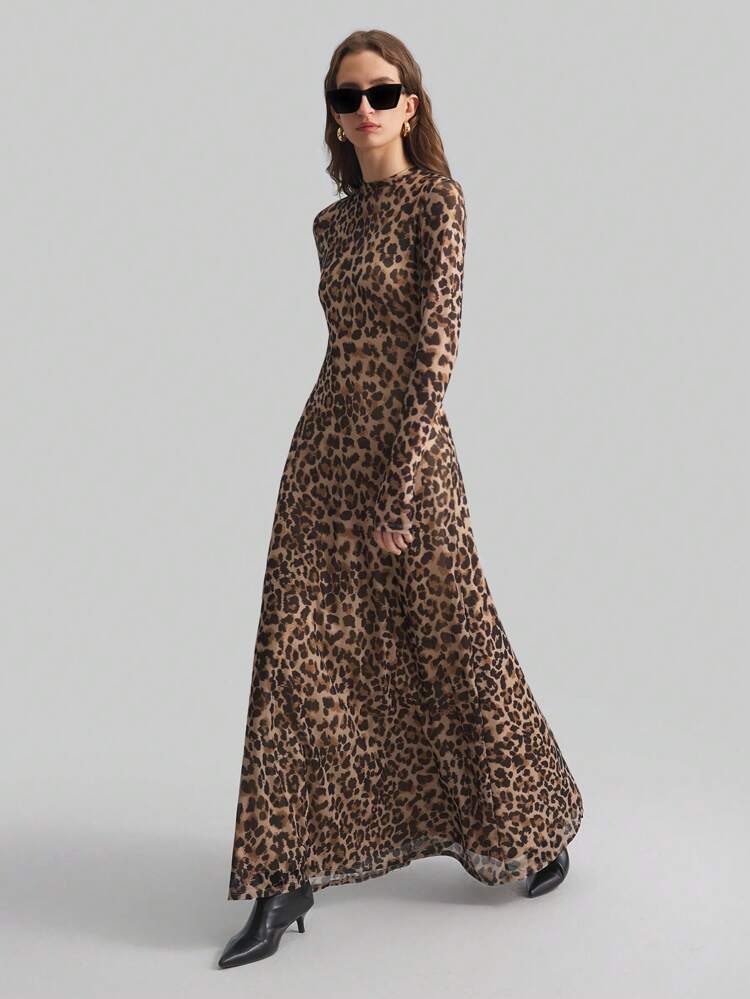 2026SS New Elegant Leopard Print Digital Printed Long Sleeve Dress, Fitted Waist A-Line Silhouette, Suitable For Party, Holiday, Office, Wedding Guest, Vacation, Versatile Fashion Commuter Dress