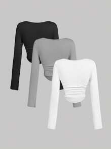 SHEIN MOD 女士休闲百搭纯色褶皱 T 恤 - 灰色 - 查看 2