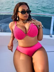 Bộ đồ bơi bikini có gọng nhún bèo cỡ lớn cho nữ, giải trí và ngày lễ, cho kỳ nghỉ hè ở bãi biển - Màu Hồng Tươi - Xem 3