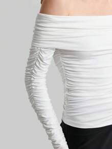 Ontre Women 90s Style Off Shoulder Ruffle Long Sleeve Fitted Knit Top, White - White - View 7