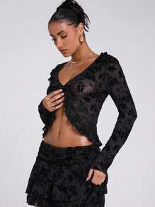 SHEIN BAE Women's Spring And Summer Flocked Flower Ruffled V-Neck Long-Sleeved Top, Suitable For Music Festivals, Rave, Going Out Tops - Black - View 6